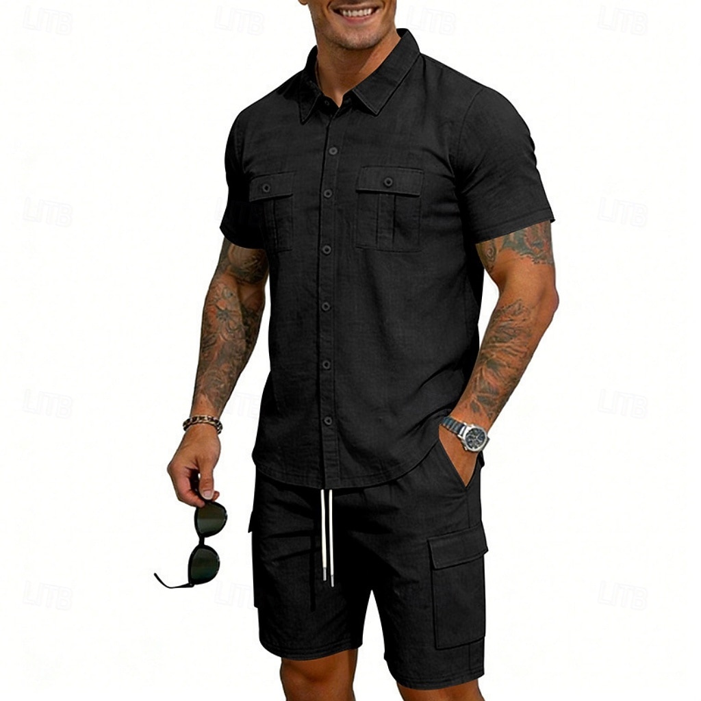Homens Camisa de linho 2 Peças Conjunto de camisa E Bermuda Cargo Calção Shorts de linho Definir Tecido Diário Ao ar livre Férias Aberto para a Lateral Manga Curta Verão Moda Casual Confortável Roupa de 2026 por $32.99 –P18