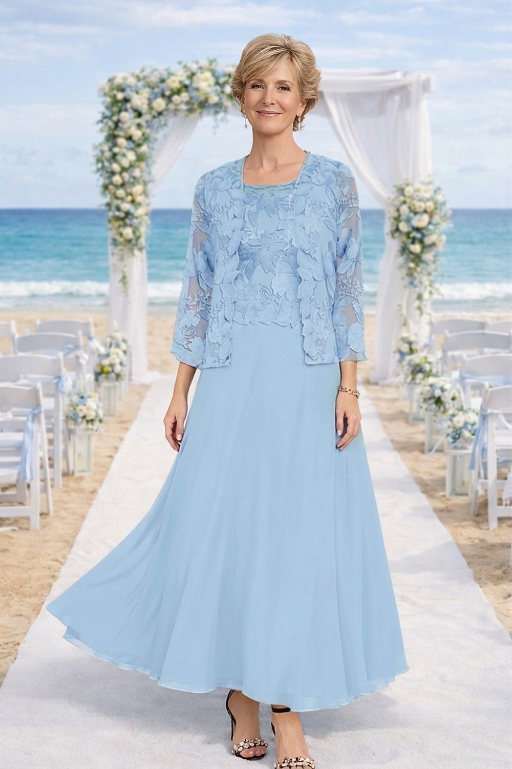 Zweiteilig Kleid-Sets Knöchellänge Kleid für Hochzeitsgäste Brautmutterkleid Langarm Rundhalsausschnitt Elegant Hochzeitsgast Kirche Chiffon mit Spitze Stickerei 2026 - $195.99 –P6