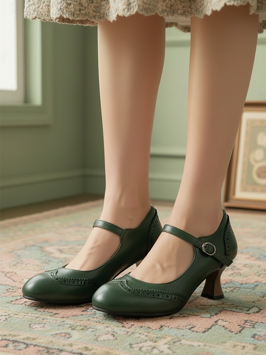 Sapatos Mary Jane femininos vintage verde-escuros dos anos 1950 - elegantes sapatos brogue com fivela para festas retrô e uso no escritório. &estilo clássico de 2026 por $59.99 –P2