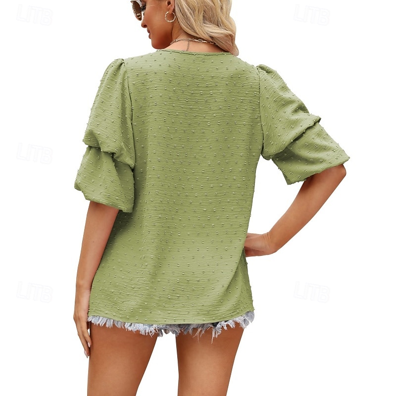 Mulheres Camisa Social Blusa Tops de chiffon Tecido à moda Básico Clássico Manga Curta Manga Princesa Decote V Tops regulares Casual Diário Feriado Azul Preto Branco Vinho Verde Escuro Verão Primavera de 2026 por $18.49 –P17