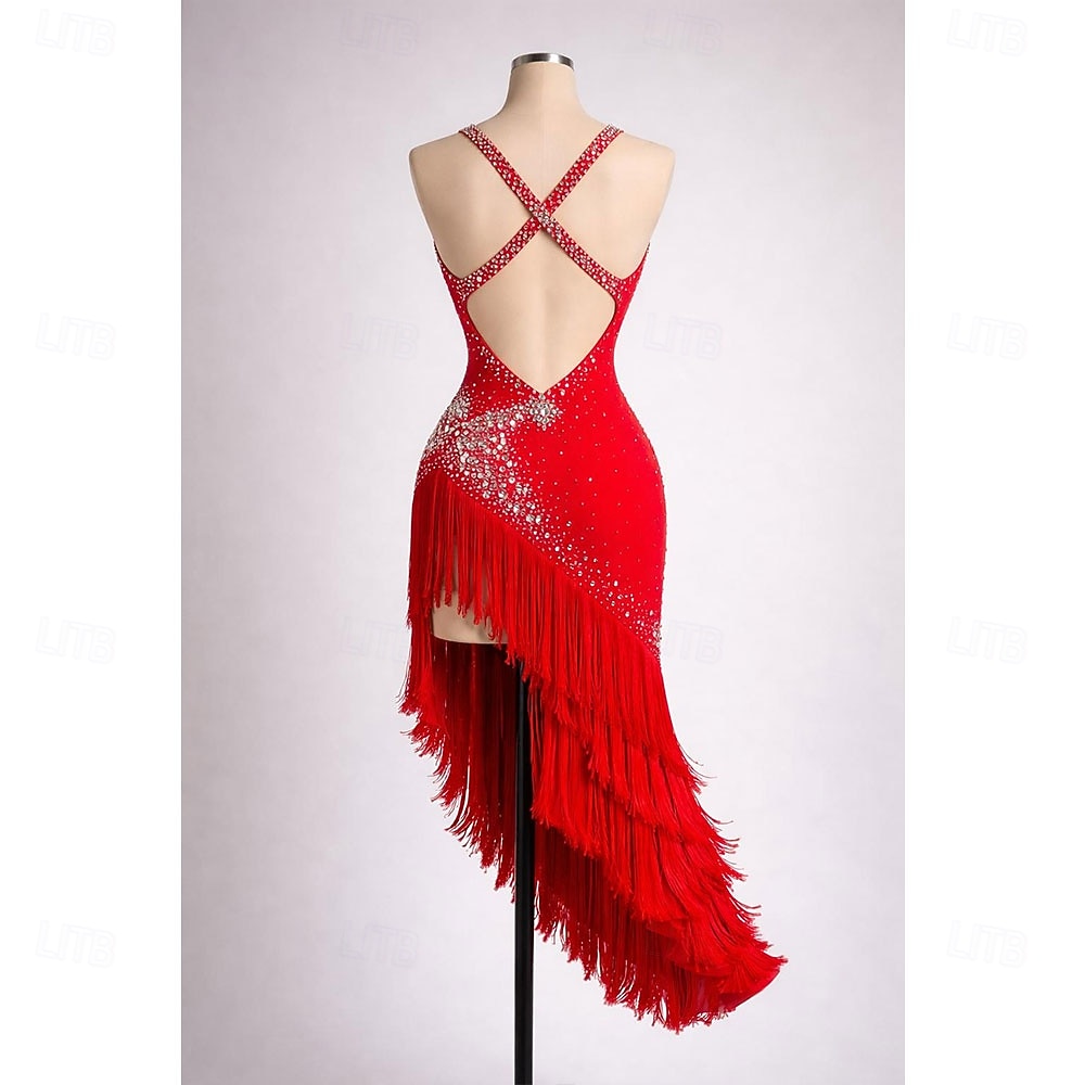 Abito da ballo latino da donna rosso con strass, scollo a V profondo e frange, abito da competizione per balli da sala del 2026 a $420.99 –P2