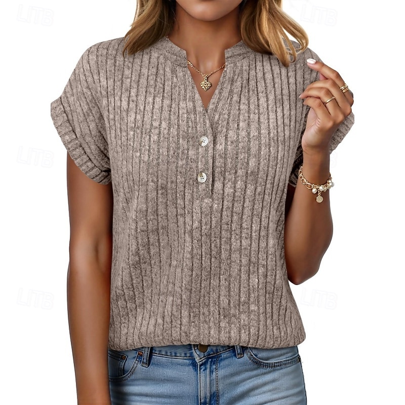 Per donna Maglietta Bottoni Tinta unica Moda Classico Casual Manica Corta Scollo a V Top Regolari Quotidiano Uscire Weekend Blu Nero Verde militare Grigio Estate Primavera del 2026 a $22.99 –P7