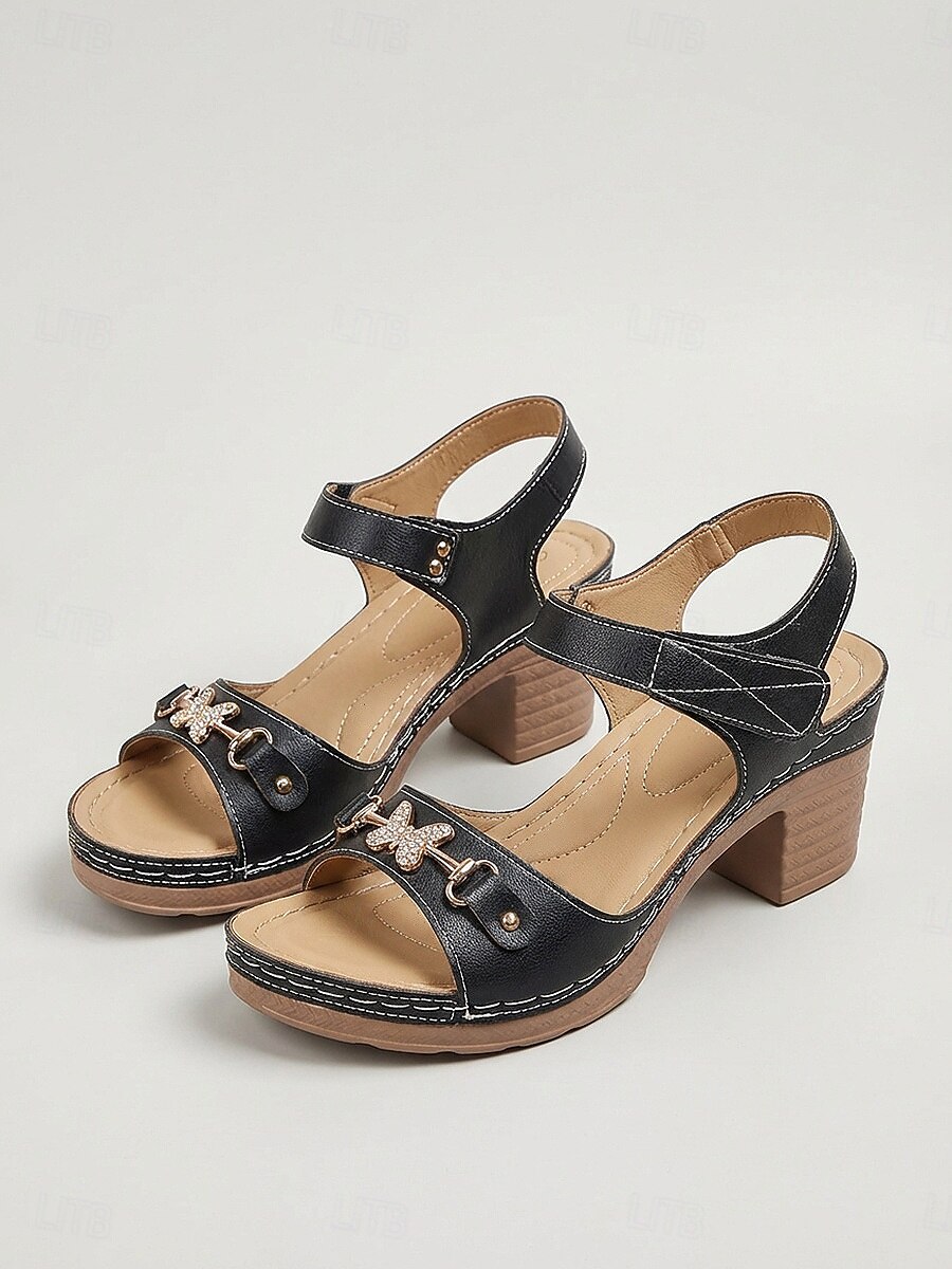 Schwarze Damen-Sandalen mit Strasssteinen und Blockabsatz, verstellbarer Knöchelriemen, modische Freizeitschuhe für Urlaub und Shopping &Gartenausflüge 2026 - $29.99 –P5