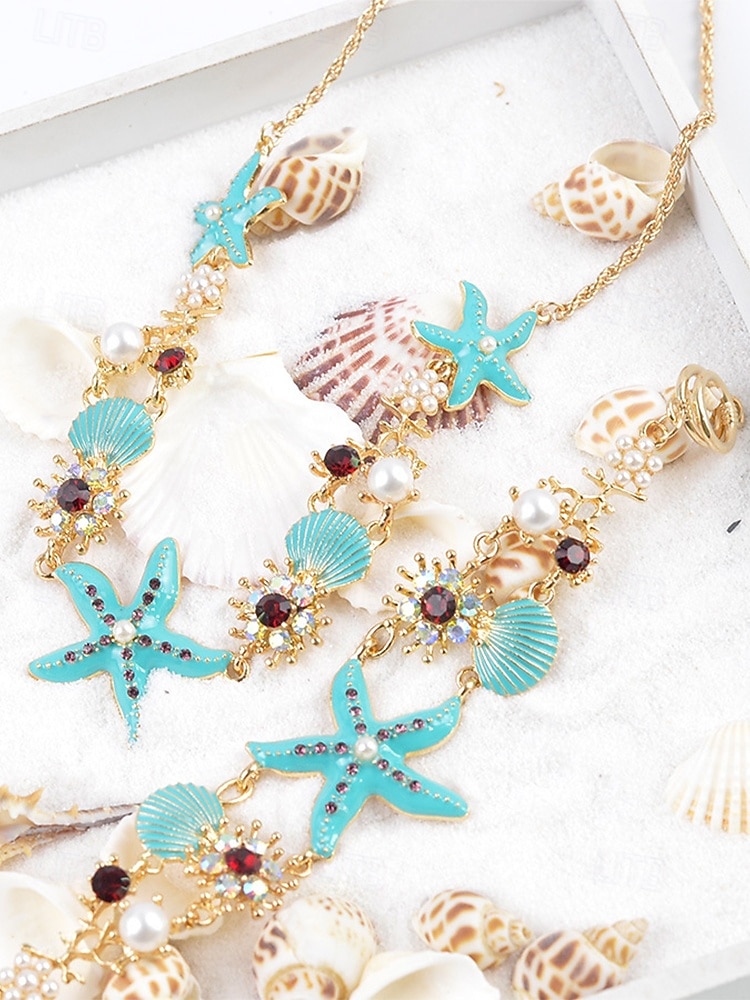 Γυναικείο κολιέ και βραχιόλι με μπλε και άσπρο αστερία από κράμα μποέμ, κοσμήματα διακοπών στην παραλία για ταξίδια, στυλ θέρετρου και καθημερινή casual ένδυση 2026 - $14.99 –P6