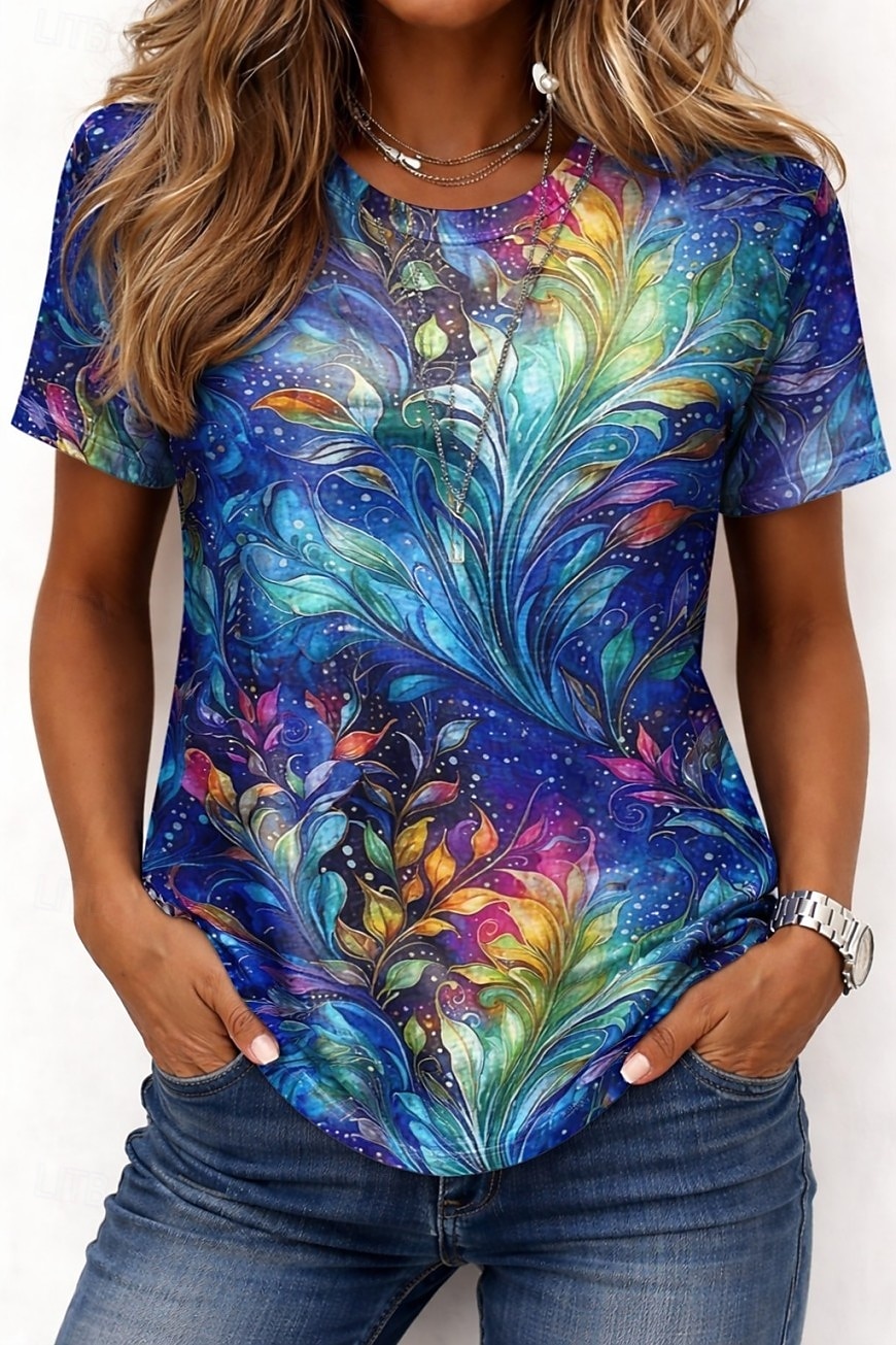 Pentru femei Tricou Imprimeu Floral Grafic Gradient de culoare Stilat Clasic Casual Manșon scurt Stil Nautic Rotund Topuri lungi Casual Zilnic Albastru piscină Portocaliu Vară Primăvară Toamnă 2026 - $21.99 –P1