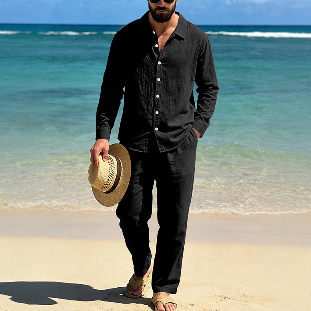 Homme Chemise en lin Deux pièces Ensemble Chemise Et Pantalons en Lin Pantalons Pantalon décontracté Set Uni Quotidien Extérieur Plage Col Rabattu manche longue Été Printemps Mode Occasionnel de 2026 ? $41.99 –P4