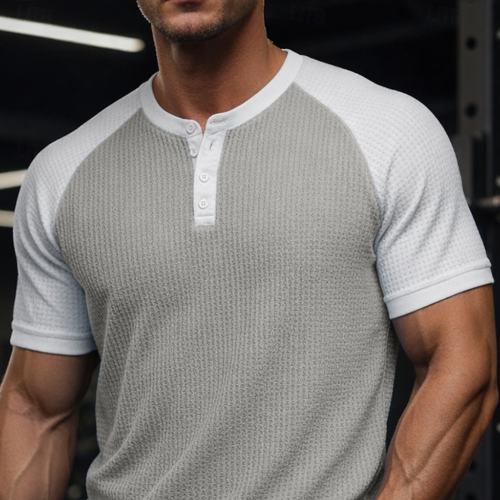 Муж. Футболка с вафельным рисунком Футболка С короткими рукавами Сплошной цвет Мода Оригинальный рисунок На каждый день Цветовые блоки Рукав «реглан» Хенли Повседневные на открытом воздухе 2026 - $21.99 –P2