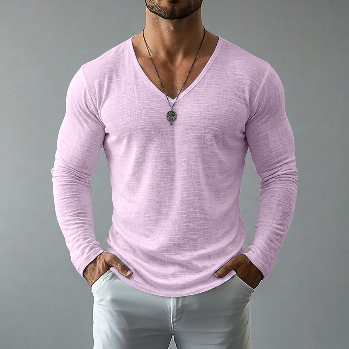 Men's Tee Top Linen T-Shirt Long Sleeve V Neck Spring & Summer Summer Spring Solid Color Daily Casual Street Style Plain Casual Outdoor Street Blue Lake blue Black Top Tee for Men 2026 - $20.99 –P9