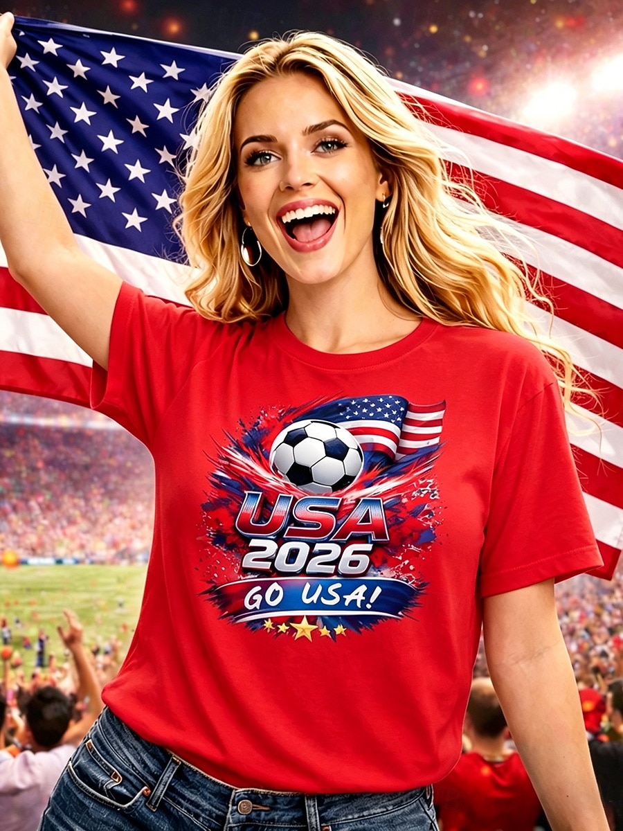 Damen-Fußball-T-Shirt mit Grafikprint, stylisch, klassisch, lässig, Kurzarm, Rundhalsausschnitt, normale Passform, Oberteil für Freizeit, Sport, blau, schwarz, weiß, rot, grün, Sommer, Frühling 2026 - $21.99 –P2