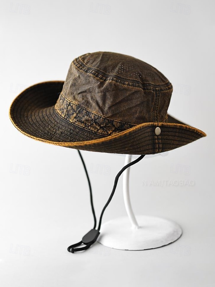 Vintage western cowboy zonnehoed voor heren, veelkleurige polyester outdoorhoed met opvouwbare rand en kinband, ideaal voor vakanties, wandelen, vissen en dagelijks gebruik. 2026 - $18.99 –P7