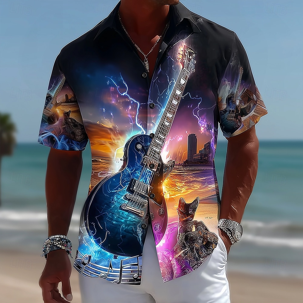 Men's Lightning Guitar Musical Instrument Shirt Button Up Shirt Short Sleeve Vintage Retro Music Festival Holiday Summer Spring Turndown 3D Print Collared Shirts Black 1 Black 2 Black 2026 - $25.99 –P2