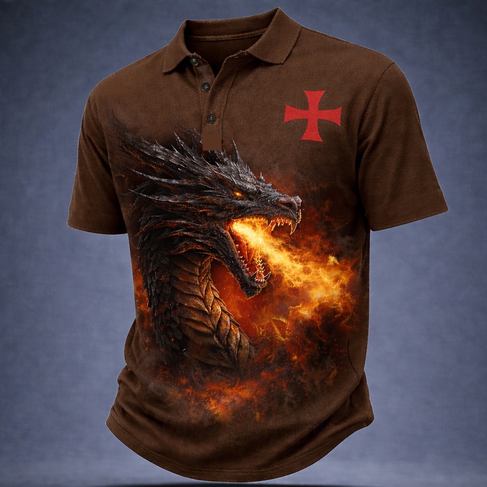 Hombre Dragón Cruz Camisetas polo Manga Corta Camisas de polo Diseño Vintage Casual Calle Ropa Deportiva Ropa Cotidiana Impresión 3D Botones Malla Transpirable Verano Primavera Negro Rojo Marrón 2026 - $21.99 –P3