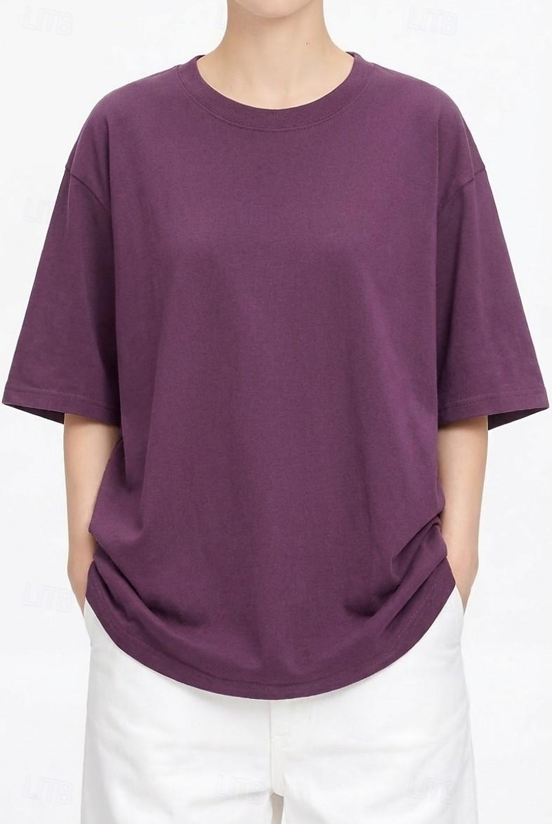 T-shirt surdimensionné en 100 % coton pour femme tee-shirt haut couleur unie élégant basique décontracté manches courtes col rond hauts réguliers sports quotidiens sortie noir blanc rose vin bleu de 2026 ? $19.99 –P19