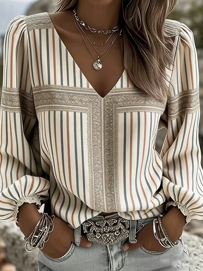 Per donna Camicia Camicia Boho Grafico Astratto Elegante Bohemien Vacanza Manica Lunga Scollo a V Top Regolari Casuale Quotidiano Ferie Giallo Cachi Estate Primavera del 2026 a $29.99 –P2