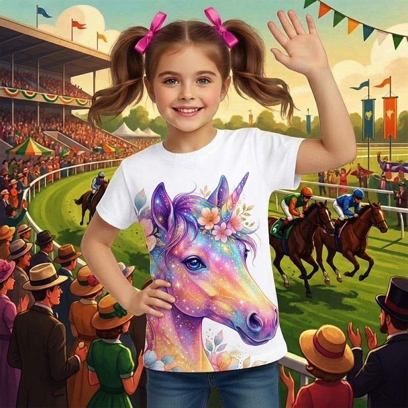 Kentucky Derby Girls' 3D Graphic Horse T shirt Tee Short Sleeve 3D Print Summer Spring Sports Fashion Streetwear Kids 4-12 Years Crew Neck Casual Daily Outdoor Regular Fit 2026 - $14.49 –P1