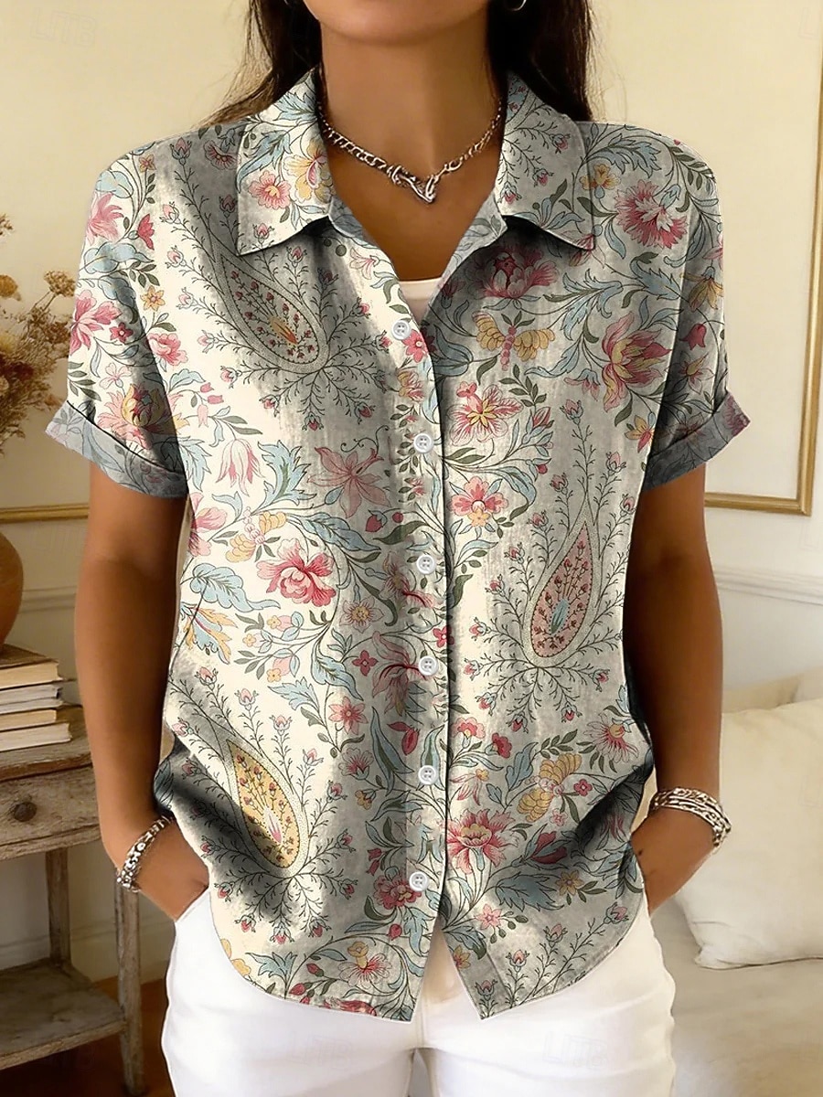 Per donna Camicia Bottoni Stampato Grafico Geometrico Paisley Quotidiano Elegante Casual Manica Corta Colletto a Camicia Top Regolari Casuale Quotidiano Verde Beige Estate Primavera del 2026 a $28.99 –P2