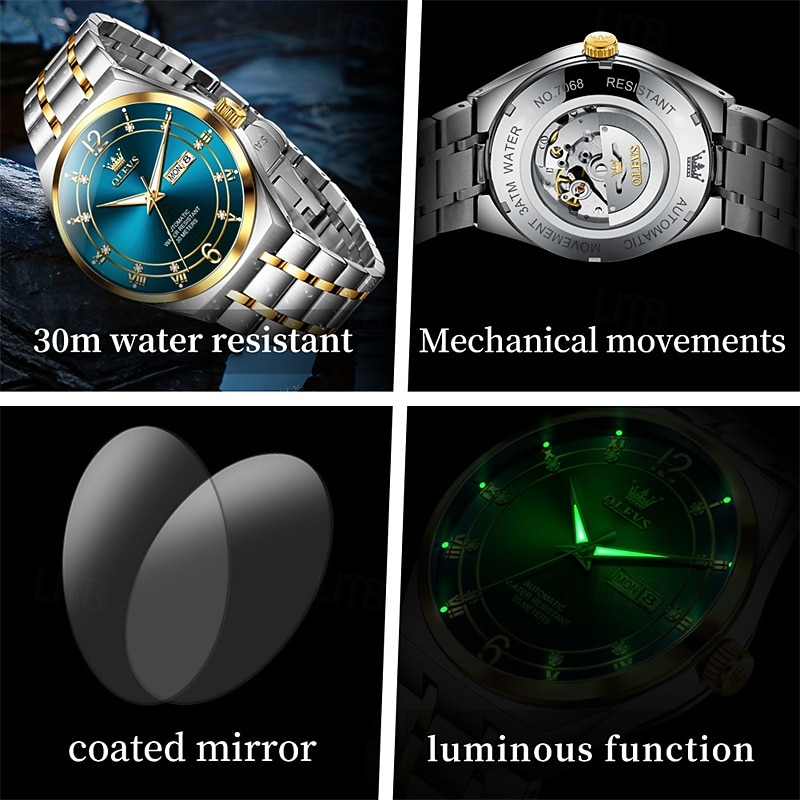 Men's Automatic Watch - Luxury Two-Tone Gold Stainless Steel Business Self Winding Wristwatch with Day Date, Waterproof Luminous Analog Dress Watch, Elegant Present for Husband Dad Son 2026 - $98.99 –P12