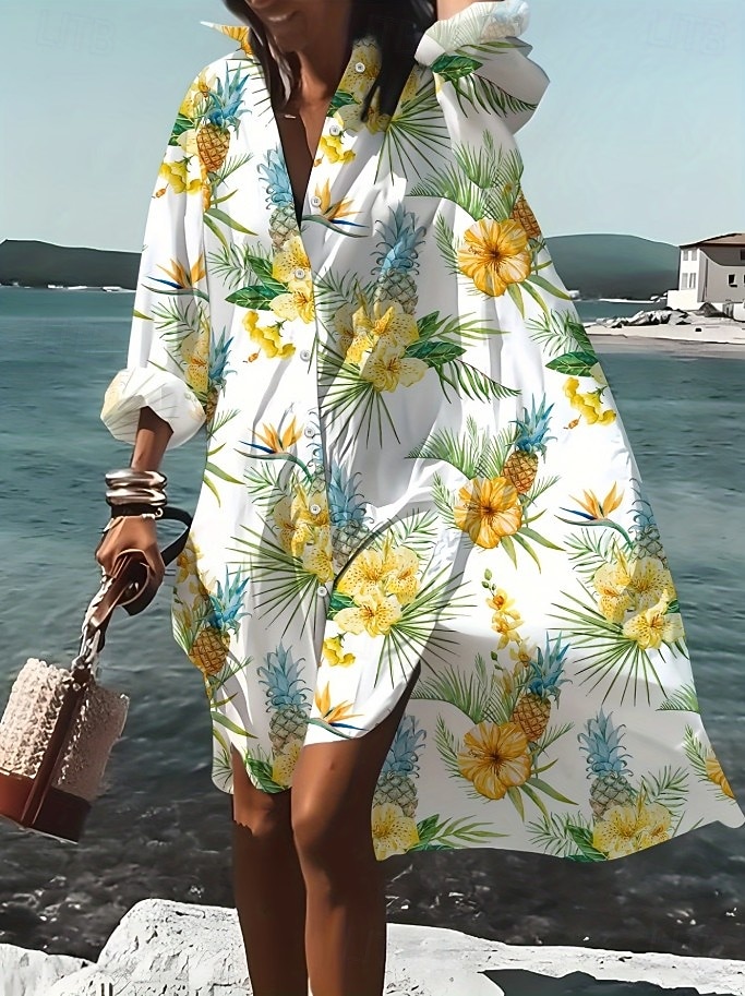 Damen Knielanges Kleid Hemdblusenkleid Freizeitkleid Sommerkleid Elegant Bohemien Urlaub Strand Lässiger Schnitt Blumen Langarm V Ausschnitt Hemdkragen Blau Gelb Hellgrün Grün Sommer Frühling 2026 - $45.99 –P3