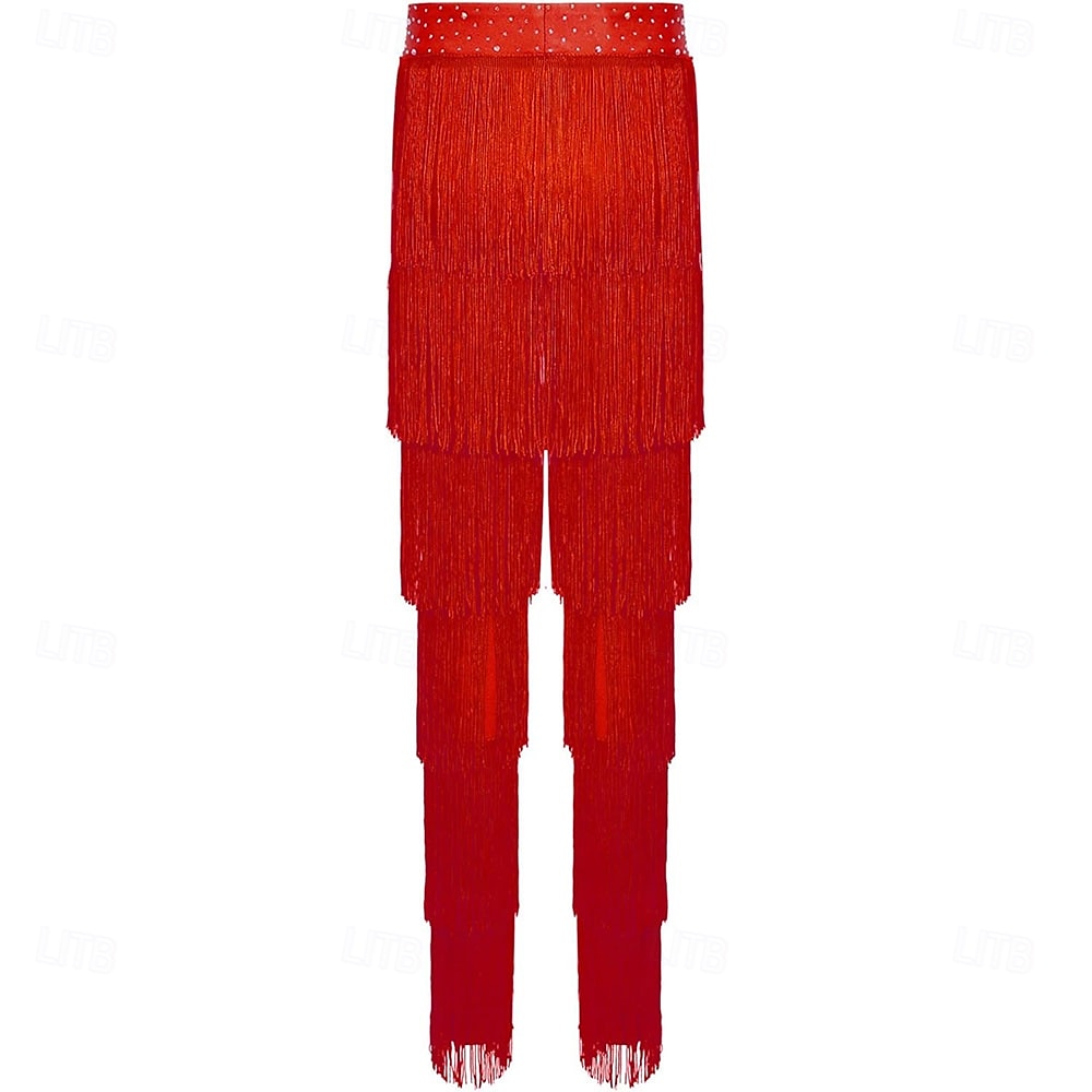 Pantalones latinos rojos con flecos - ropa de baile con borlas escalonadas y ribete de lentejuelas para baile de salón & escenario 2026 - $73.99 –P4