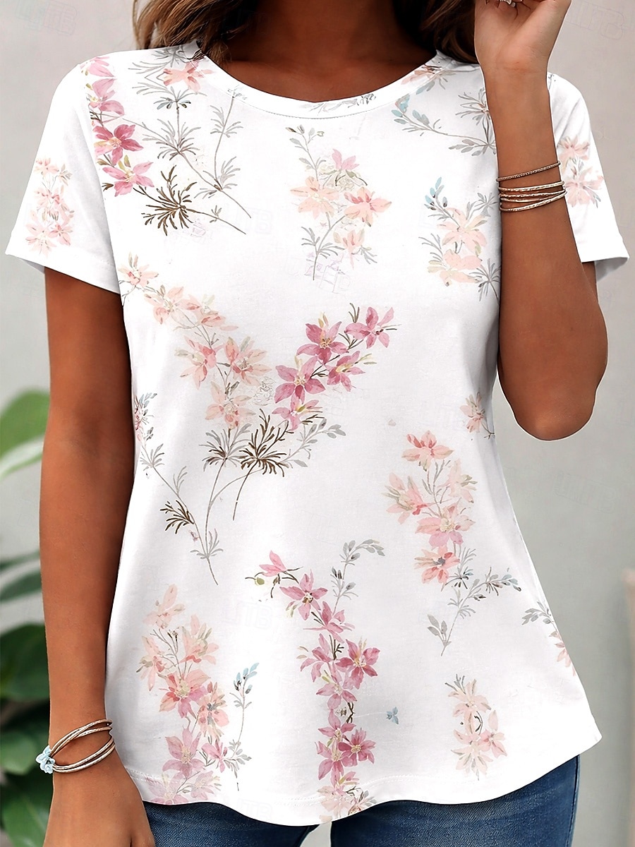 Per donna Maglietta Stampato Floreale Grafico Piante Moda Elegante Classico Manica Corta Girocollo Top Regolari Casuale Quotidiano Bianco Estate Primavera del 2026 a $21.99 –P1