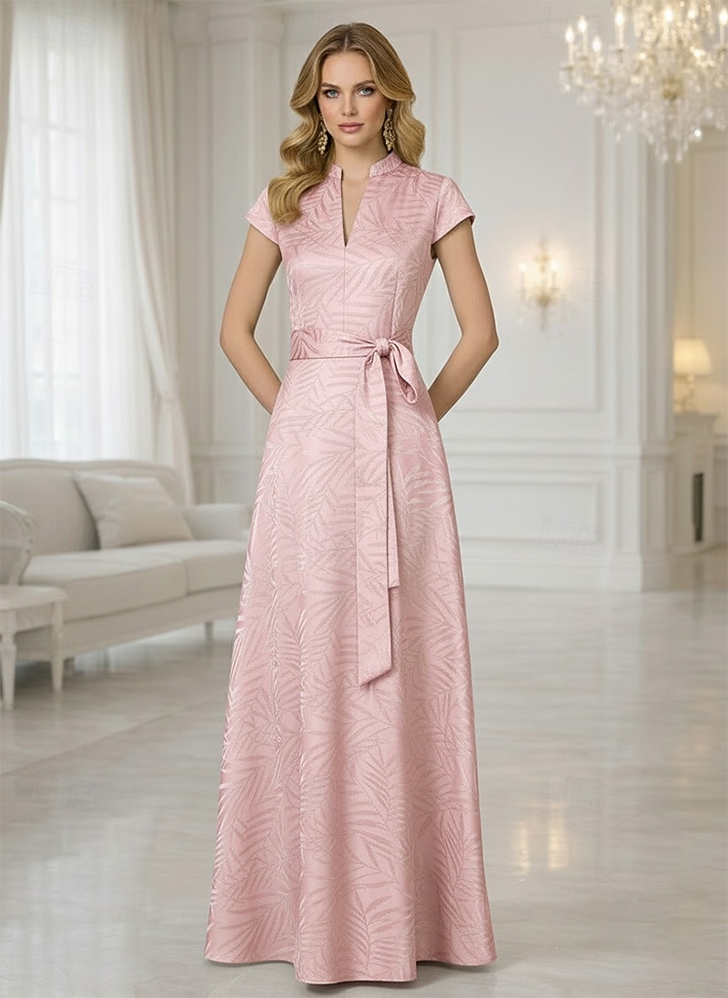 Linha A Longo Vestido floral Vestidos de noite Elegante Vintage Floral Manga Curta Decote V Festa de Jardim Casamento Bolsos Jacquard com Laço(s) de 2026 por $159.99 –P4