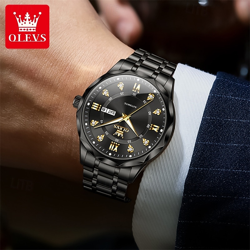 OLEVS Automatic Watch for Men, All Black Stainless Steel Luxury Business Self Winding Wristwatch with Day Date and Luminous Diamonds, Waterproof Analog Dress Watch, Gift for Husband Dad 2026 - $76.99 –P15