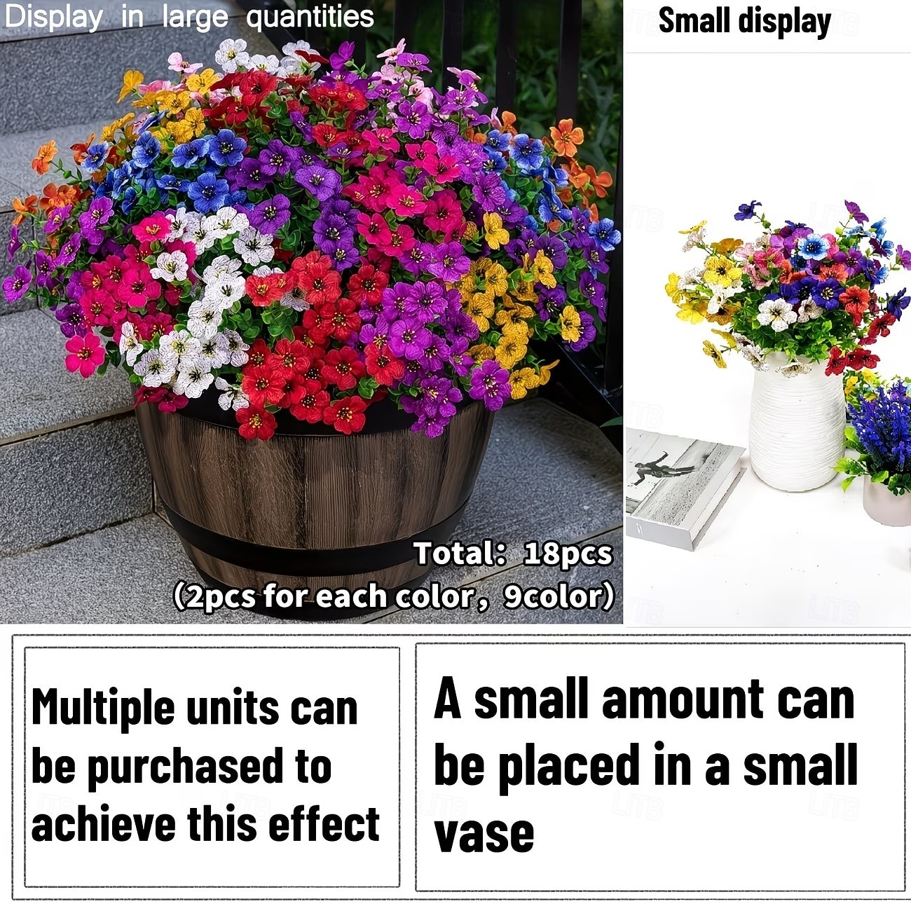 9/18 pezzi di vivaci fiori artificiali di eucalipto, composizioni di fiori finti multicolore, 9 colori brillanti, decorazioni da appendere in plastica di alta qualità, adatte per vasi da balcone e del 2026 a $11.54 –P4