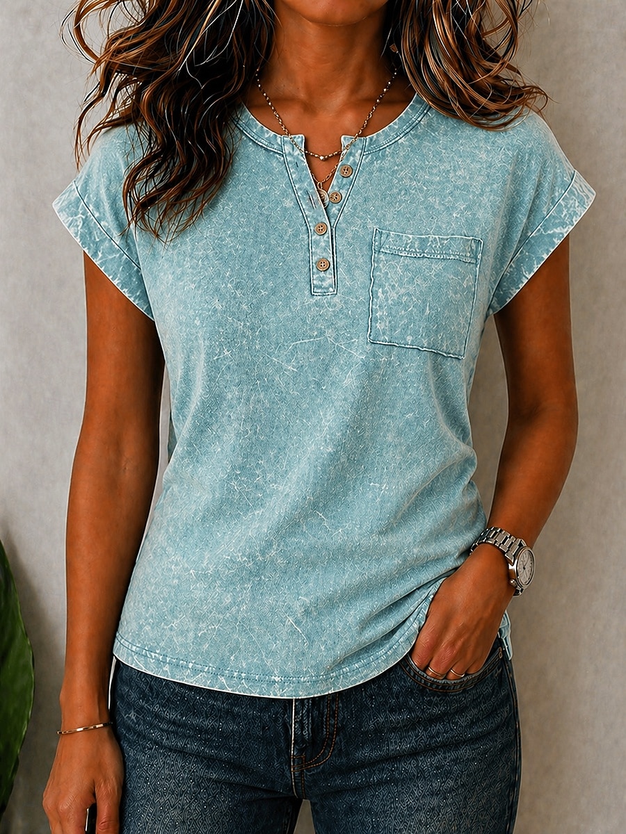 Mujer Algodón lavado 100% Algodón Henley Shirt Bolsillo Color sólido Vintage Elegante Manga Corta Manga Murciélago Tops regulares Casual Verano Azul Piscina Verde Claro Rosa Verano Primavera 2026 - $25.99 –P9