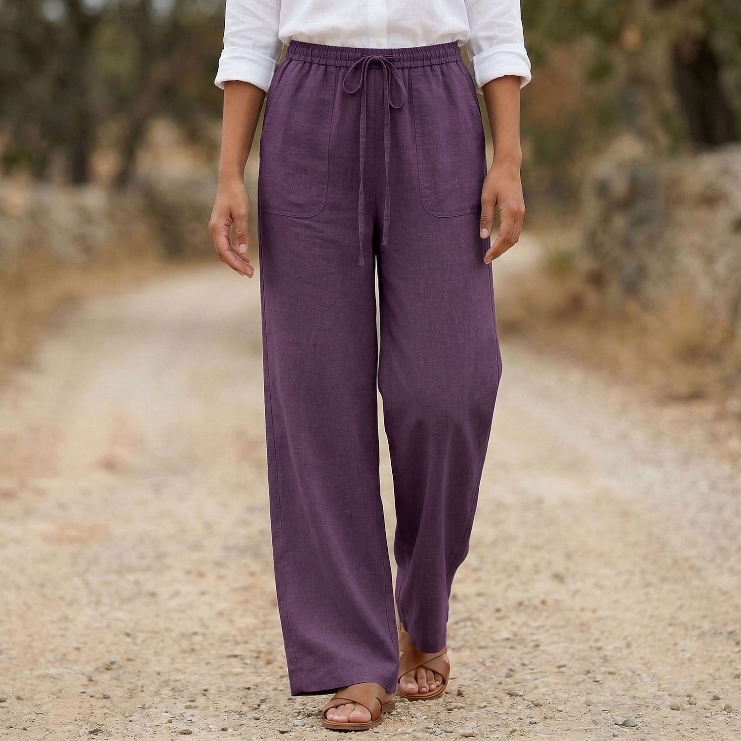 Damen Baumwollleinen Weites Bein Urlaub Basic Volle Länge Hohe Taille Einfach Bequem Unelastisch Täglich Hanf weiß Marineblau Purpur Sommer Frühling Lässiger Schnitt 2026 - $33.99 –P5