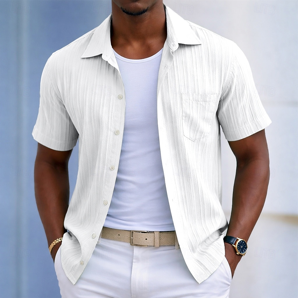 Men's Shirt Casual Shirt Beach Shirt Button Up Shirt Jacquard Shirt Black White Light Green Wine Blue Short Sleeve Solid Color Plain Lines / Waves Lapel Casual Streetwear Pocket Clothing Apparel 2026 - $20.99 –P2