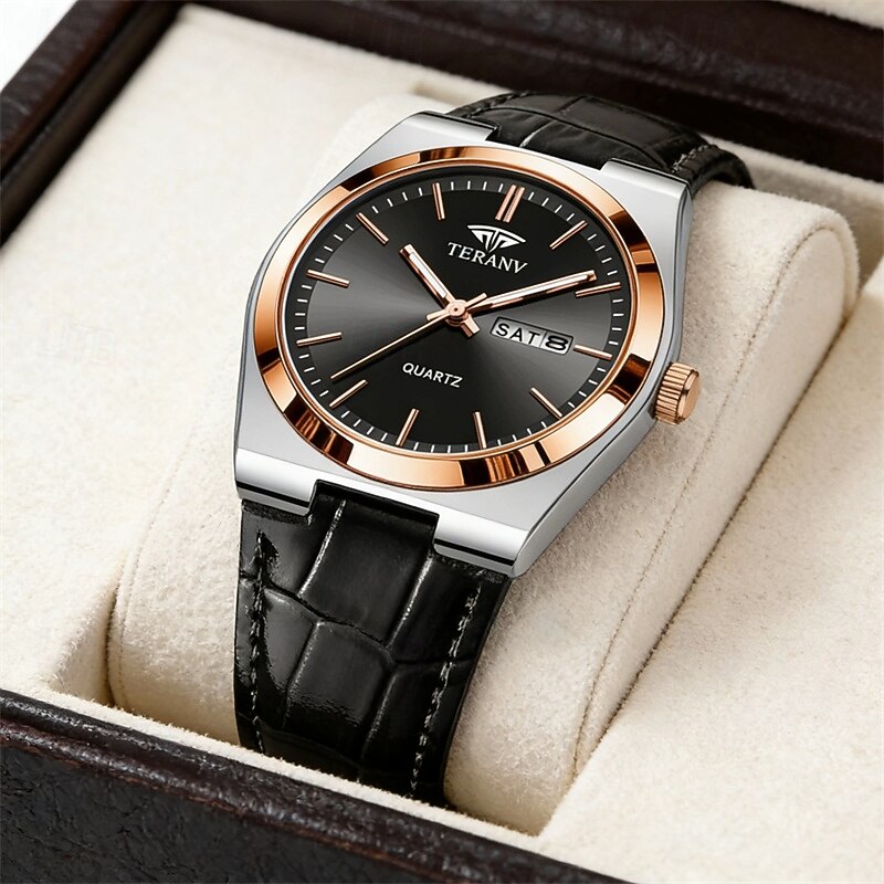 Relógio masculino de quartzo para negócios - relógio de pulso social com pulseira de couro e bisel em ouro rosa, relógio analógico luminoso com dia e data, relógio minimalista à prova d'água para de 2026 por $24.99 –P6