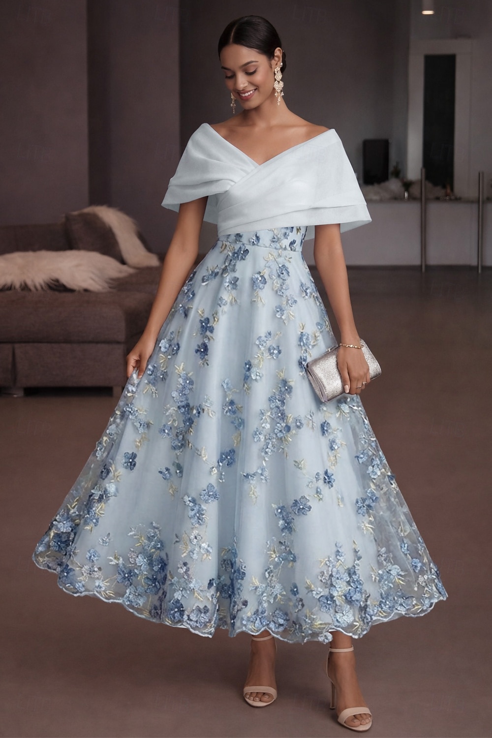 Corte A Vestido Midi Vestidos de coctel Elegante Vintage Floral Manga Corta Hombros Caídos Fiesta de jardin Boda Organdí Tul Espalda desnuda con Estampado flor Flor bordada Plisado 2026 - $182.99 –P4