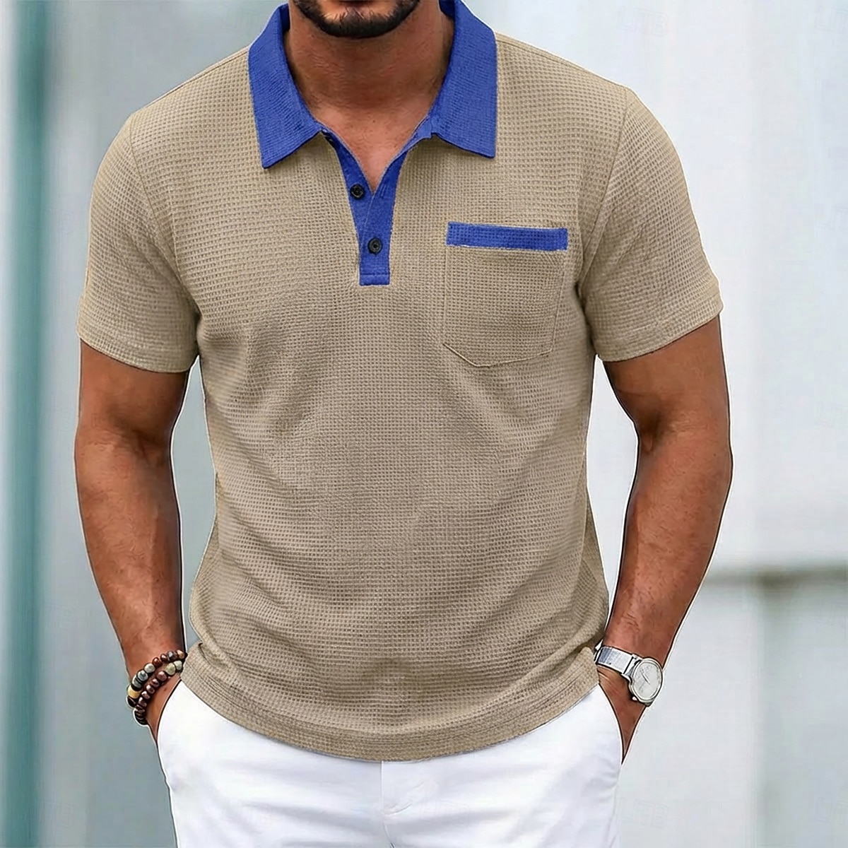 Voor heren Golfshirt Wafelgebreid poloshirt Casual liiketoiminta Klassiek Korte mouw Modieus Modern Effen Kleur Zak Kleurenblok Zomer Lente Normale pasvorm Zwart Wit Koningsblauw Groen Khaki Grijs 2026 - $20.99 –P6