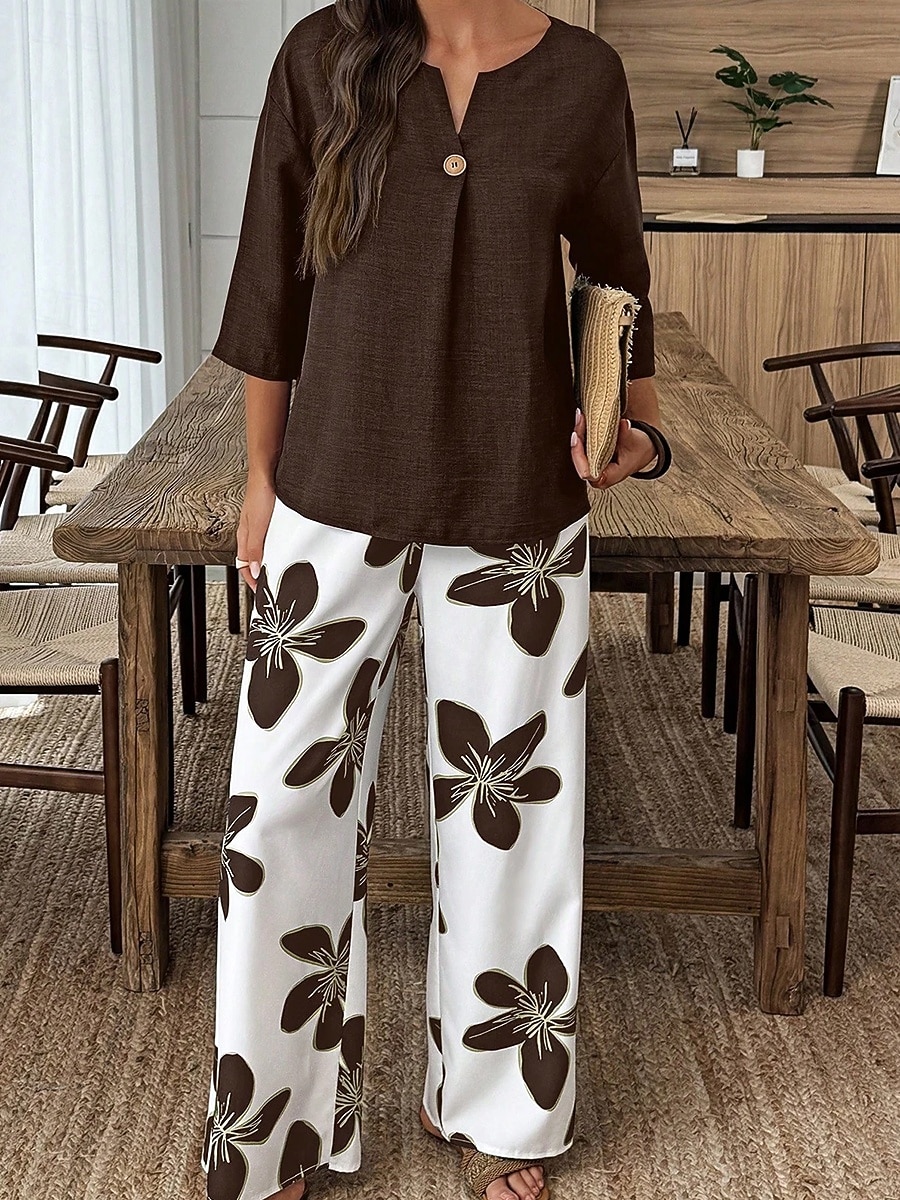 Women's Two Piece Sets Pants Sets 3/4 Length Sleeve V Neck Floral Graphic Print Daily Stylish Casual Daily Vacation Blue Purple Orange Summer Regular Fit 2026 - $56.99 –P4
