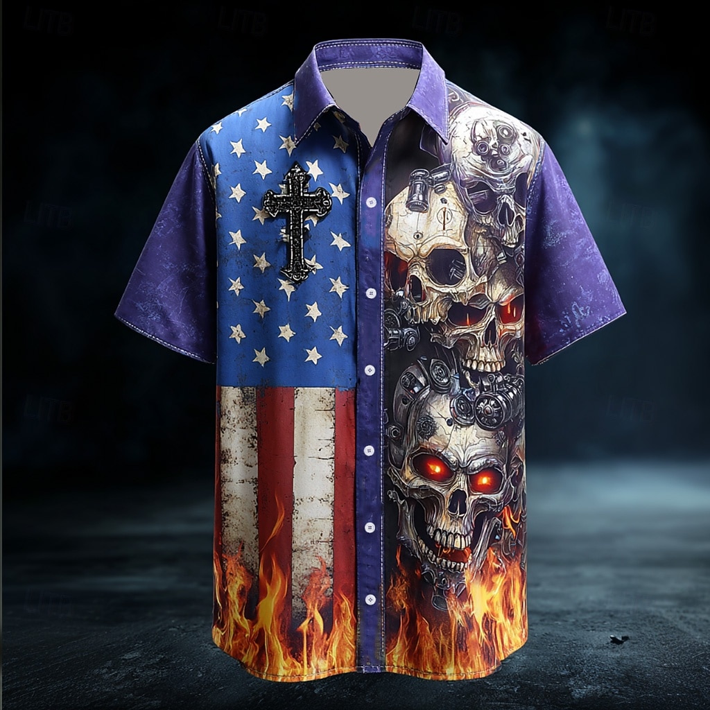 Men's 4th of July U.S. 250th Anniversary Cross US Flag Shirt Summer Shirt Button Up Shirt Short Sleeve Dark Gothic Style Patriotic Outdoor Streetwear Holiday Summer Spring Turndown 3D Print Linen 2026 - $25.99 –P1
