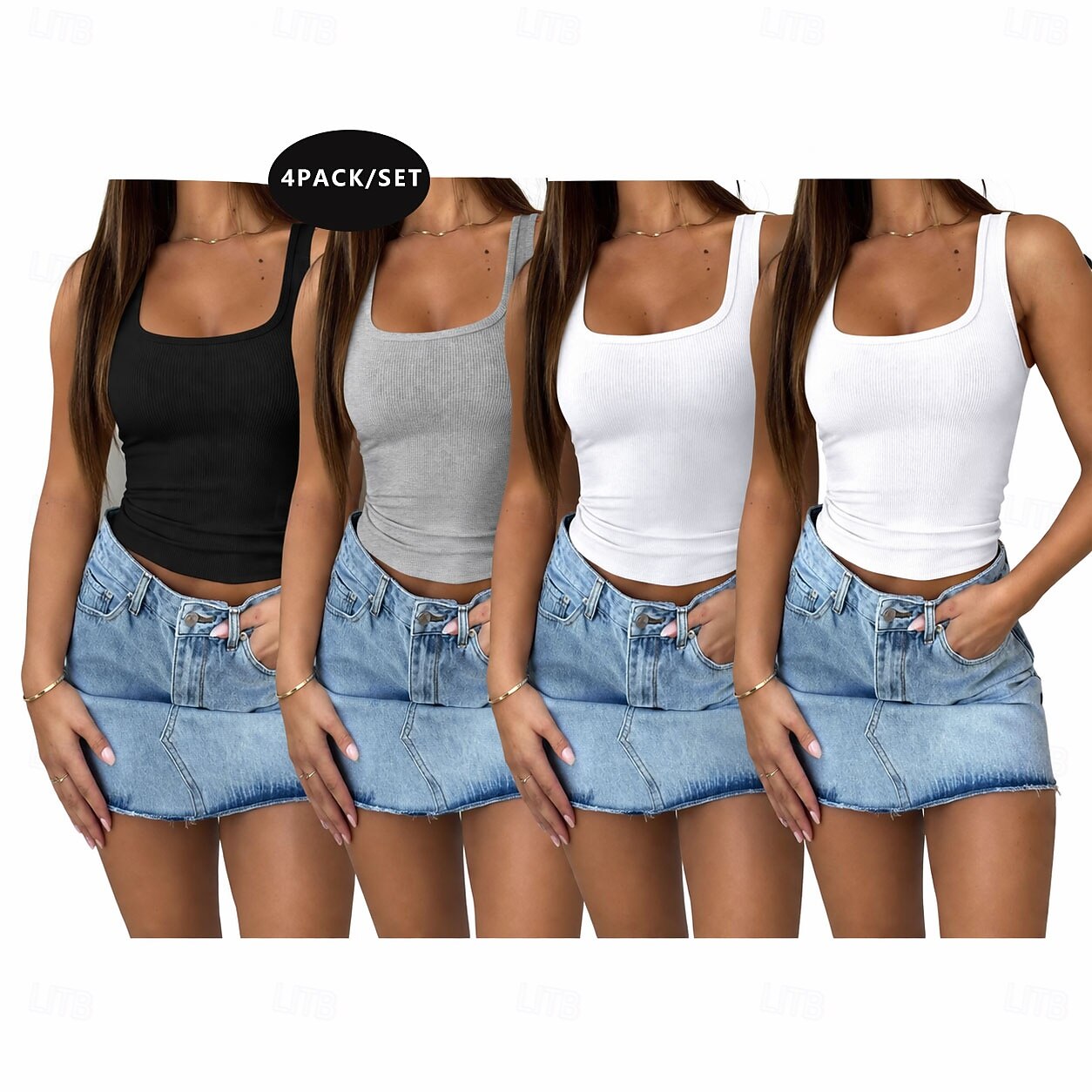 Paquetes múltiples 4 piezas Mujer Cuadrado Sin Mangas gris+negro+2blanco Camiseta sin mangas Camisa sin mangas Camiseta superior Falda Color sólido Casual Diario Poliéster Verano 2026 - $27.99 –P1