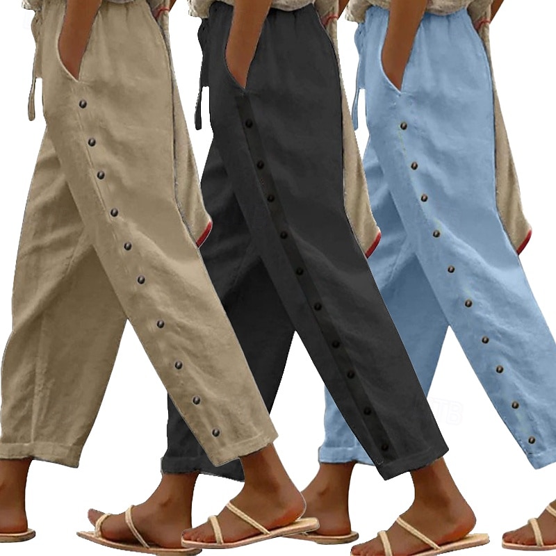 3er-Pack Damenhosen, Sommerhosen, Freizeithosen, Urlaubshosen, Basic-Hosen, knöchellang, natürliches, schlichtes Design, Seitentaschen, seitliche Knöpfe, bequem, atmungsaktiv, nicht elastisch, ideal für Wochenendausflüge 2026 - $65.99 –P4