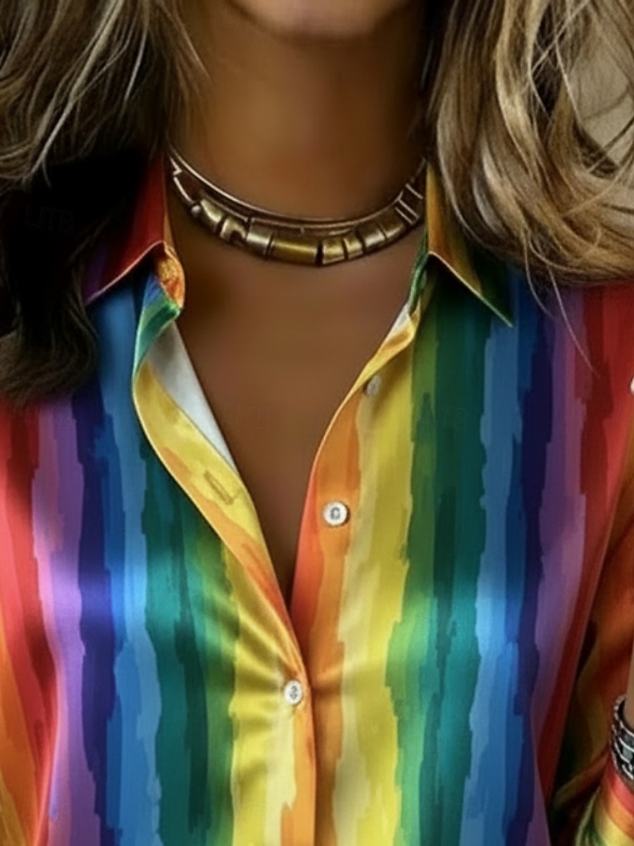 Women's Shirt Satin Shirt Print Graphic Rainbow Striped Vacation Fashion Daily Long Sleeve Shirt Collar Regular Tops Daily Holiday Going out Rainbow Summer Spring Fall 2026 - $24.99 –P3