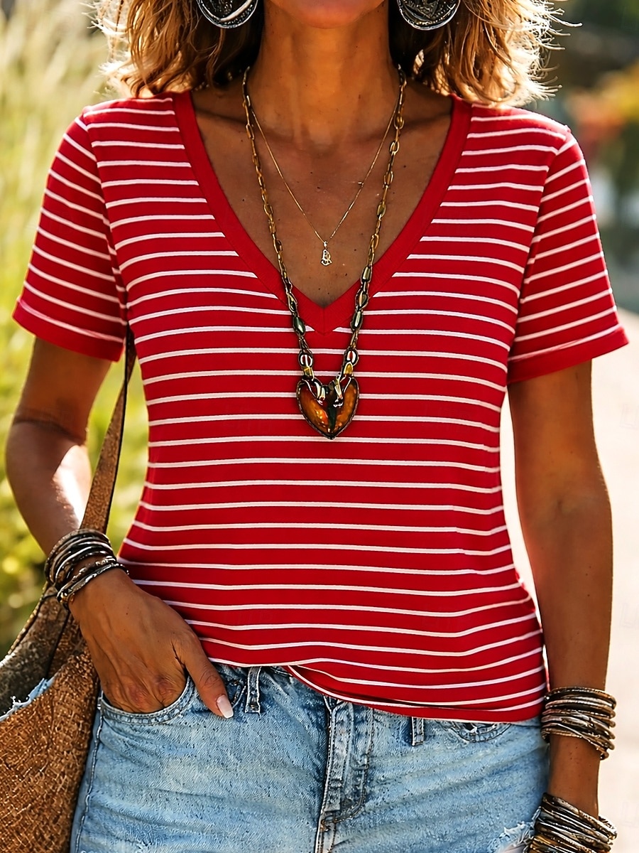 Women's T Shirt Print Striped Floral Graphic Striped Stylish Classic Casual Short Sleeve V Neck Regular Tops Casual Daily Red Green Summer Spring 2026 - $21.99 –P2