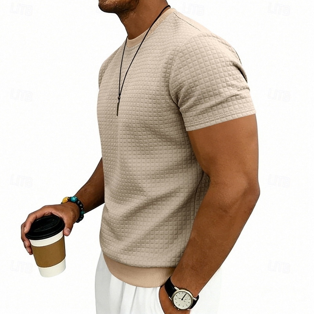 Herre Vaffel T-skjorte T skjorte Kortermet skjorte T-skjorte Kortermet Crew-hals Sommer Vår Helfarge Gatemote Stilfull Sportslig Jacquard Daglig utendørs Feriereise Hvit Svart Mørkegrå Topp T-skjorte 2026 - $20.99 –P3