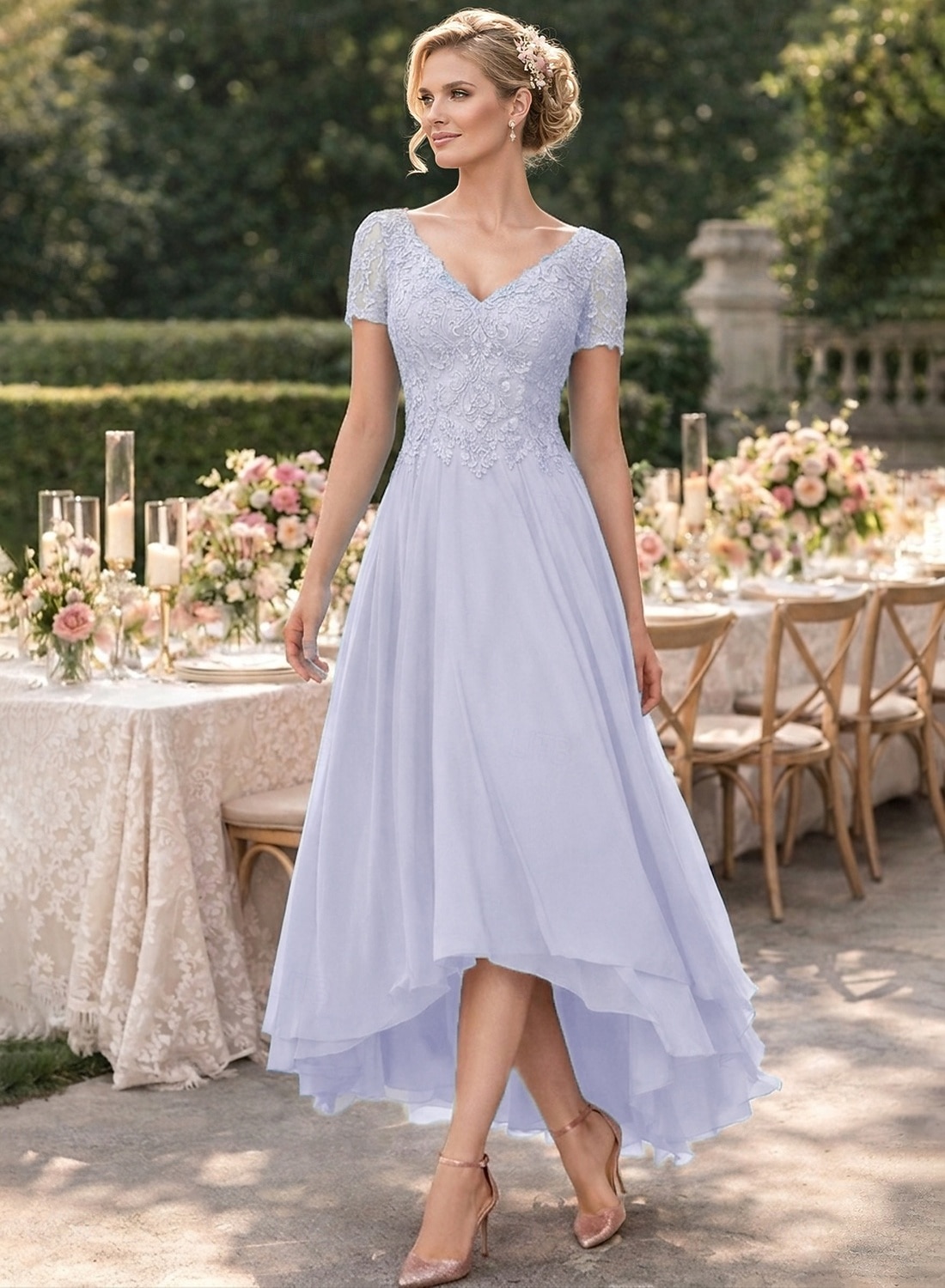 A-linje Asymmetrisk Festkjole Cocktail Kjole Gjestekjole til bryllup Kjole til brudens mor Kortermet V-hals Elegant Formell Bryllupsgjest Formell kveld Chiffon med Ensfarget 2026 - $160.99 –P7