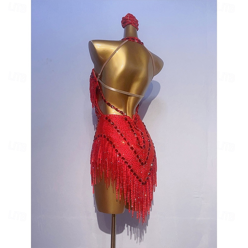 Women's Red Sequin Fringe Latin Dance Dress Halter Deep V Ballroom Competition Dress 2026 - $477.39 –P2