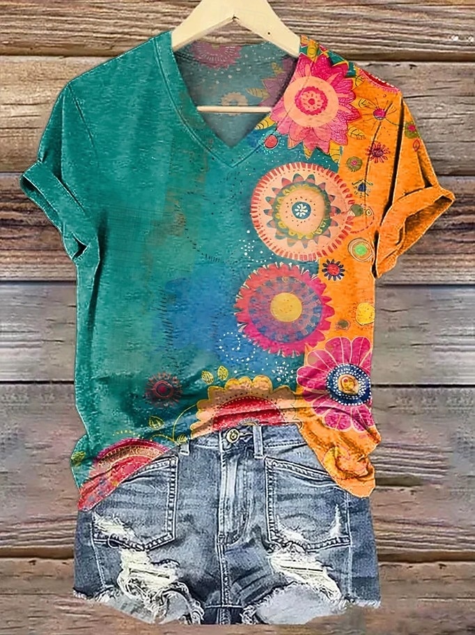 Mulheres Camiseta Imprimir Floral Gráfico Plantas Vintage à moda Clássico Manga Curta Decote V Tops longos Diário Final de semana Azul Laranja + Verde Branco Amarelo Rosa Verão Primavera de 2026 por $8.49 –P9