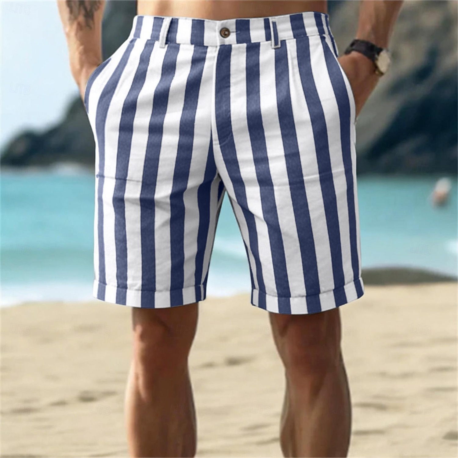 Homens Calção Shorts de linho Shorts de verão Shorts de praia Bolsos Cintura elástica Listrado Conforto Respirável Comprimento do joelho Ao ar livre Praia Feriado Férias Azul Rosa Sem Elasticidade de 2026 por $24.99 –P7
