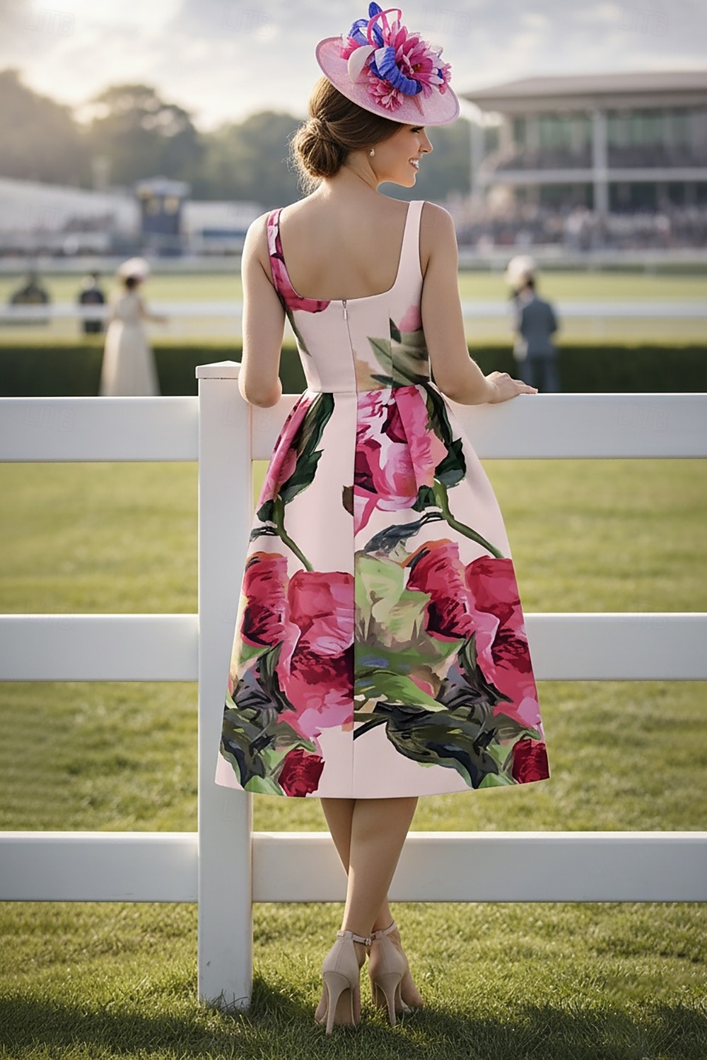 Linea ad A Lunghezza alla caviglia Abito Derby Abito da cerimonia per signora Senza Maniche Scollo Tondo Elegante Vintage Derby del Kentucky Raso con Stampa floreale Fiore Stampa del 2026 a $183.99 –P2
