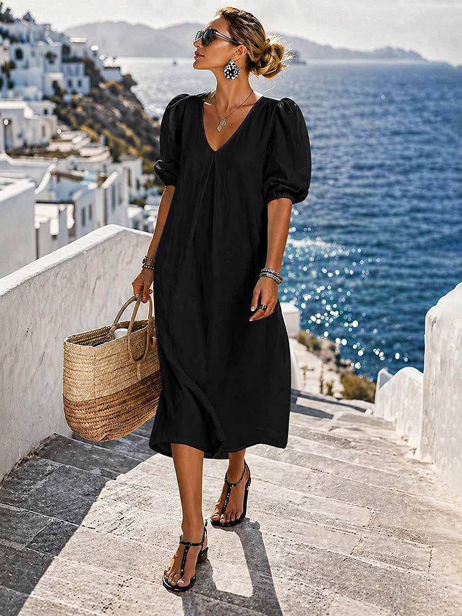 Per donna Abito Midi Abiti effetto lino Abito a Tubino Abito Camicia Abito Bianco Essenziale Moderno Quotidiano Vacanza Weekend Vestibilità comoda Semplice Manica 3/4 Scollo a V Blu Giallo Chiaro del 2026 a $21.99 –P7