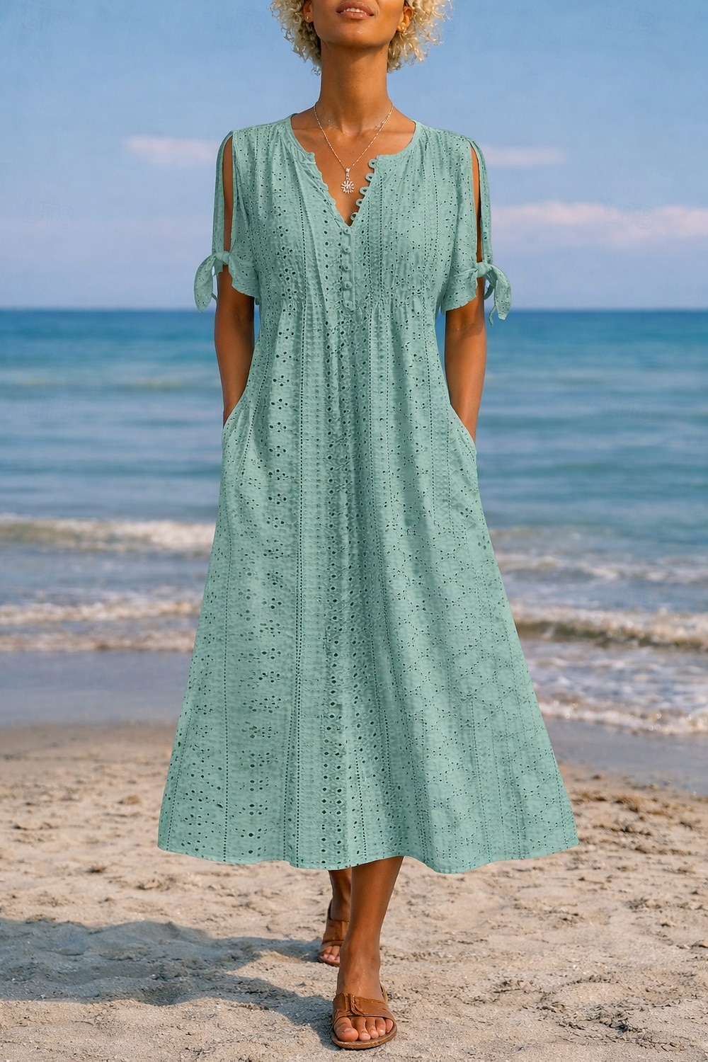 Women's Midi Dress Boho Dress A Line Dress Summer Dress Elegant Fashion Modern Daily Outdoor Beach Loose Fit Plain Short Sleeve V Neck White Purple Light Blue Summer Spring 2026 - $24.99 –P4