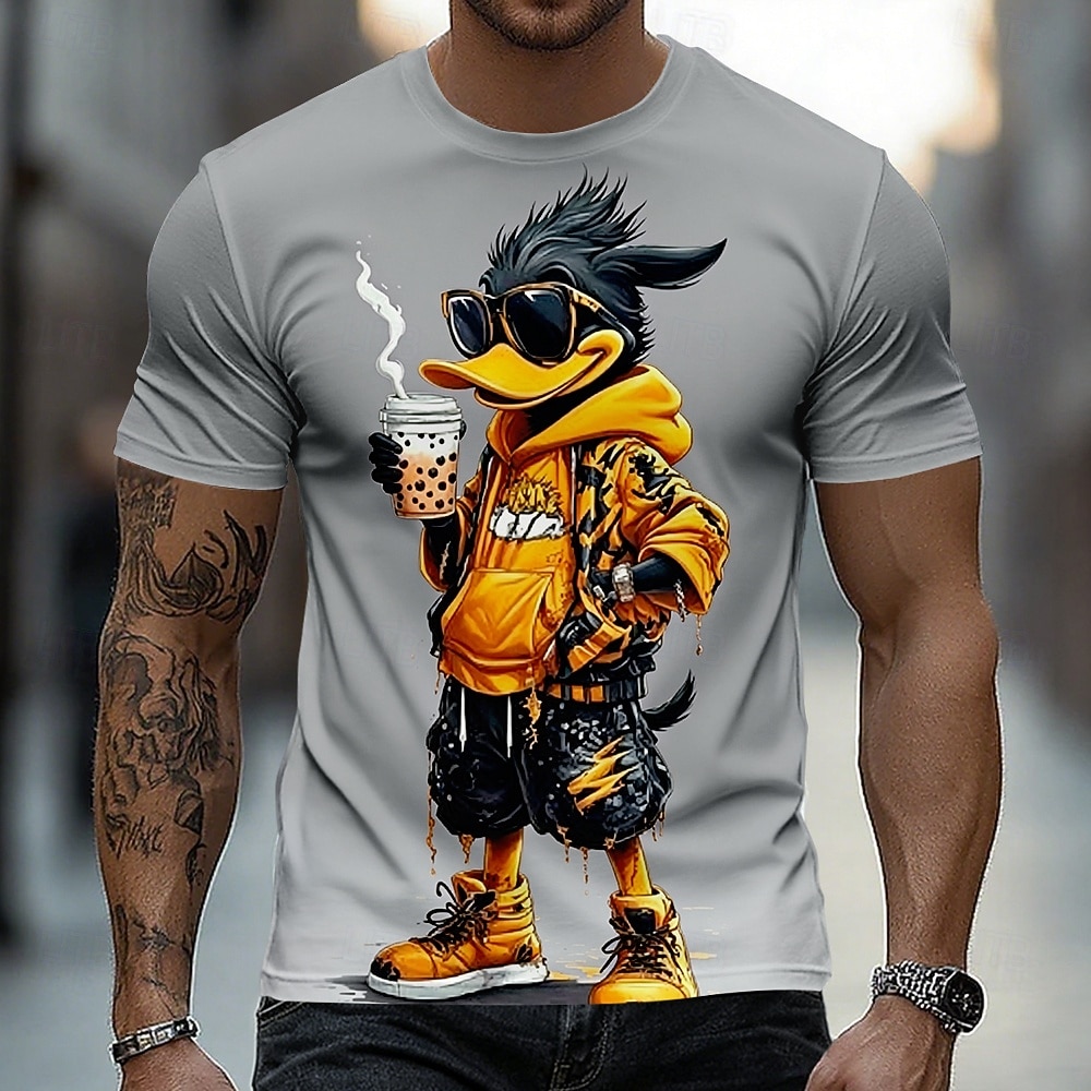 Camiseta gráfica urbana de manga corta con cuello redondo y estampado de pato negro para hombre con gafas de sol, bebiendo té boba. Regalo de cumpleaños divertido para amantes del boba. Ropa de 2026 - $18.99 –P4