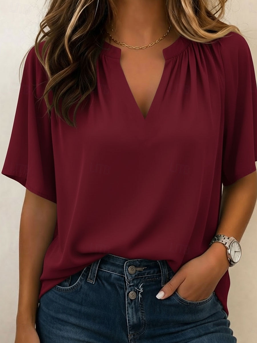 Mujer Camisa Blusa Tops de gasa Elegante Básico Manga Corta Escote en Pico Tops regulares Casual Azul Piscina Patrón blanco Vino Verde Trébol Beige Verano 2026 - $8.49 –P6