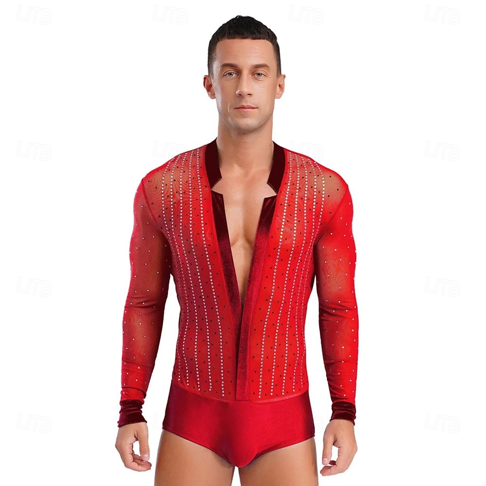Men's Red Rhinestone Latin Dance Bodysuit Deep V Mesh Long Sleeve Ballroom Performance Costume 2026 - $242.49 –P7